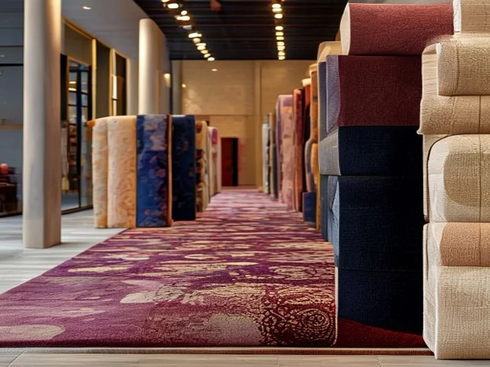 Rolls of luxury hotel carpet in different colors arranged in a showroom