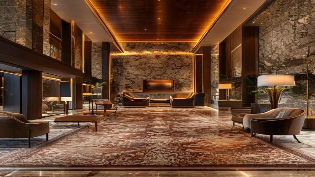 Luxury hotel lobby carpeted with a patterned wall-to-wall hotel carpet