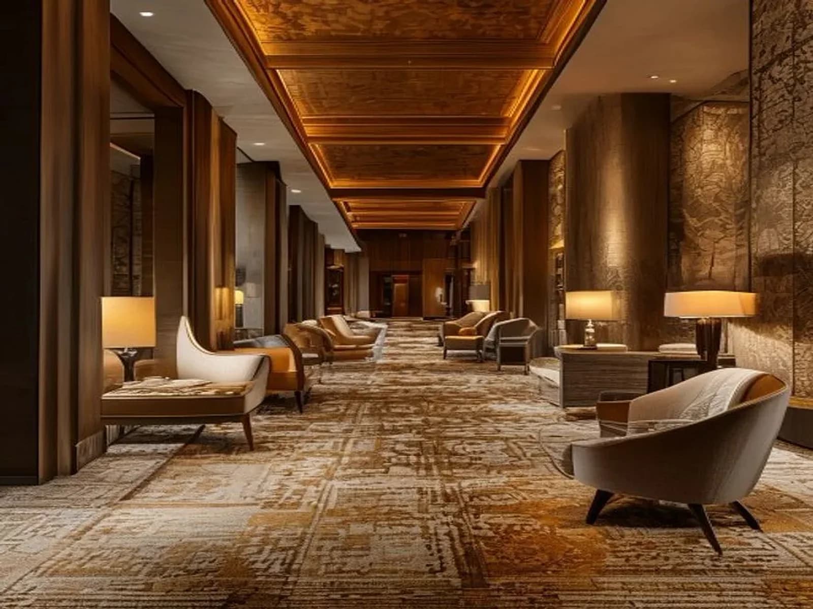 Hotel interior carpeted with a patterned hotel carpet in modern and classic style