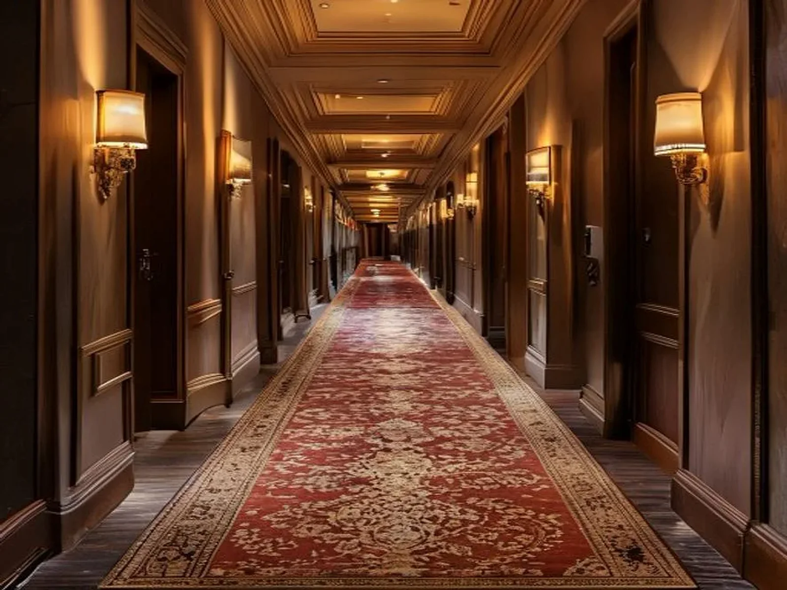 Luxury hotel corridor with a patterned runner carpet between rows of guest room doors