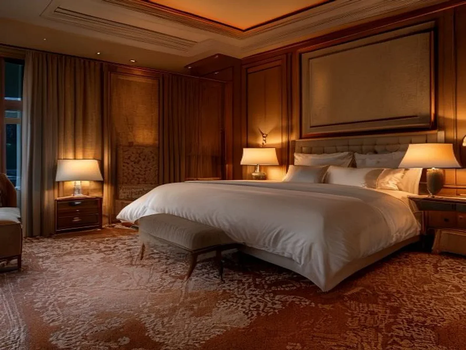 Luxury hotel room carpeted with a patterned carpet and elegant furnishings