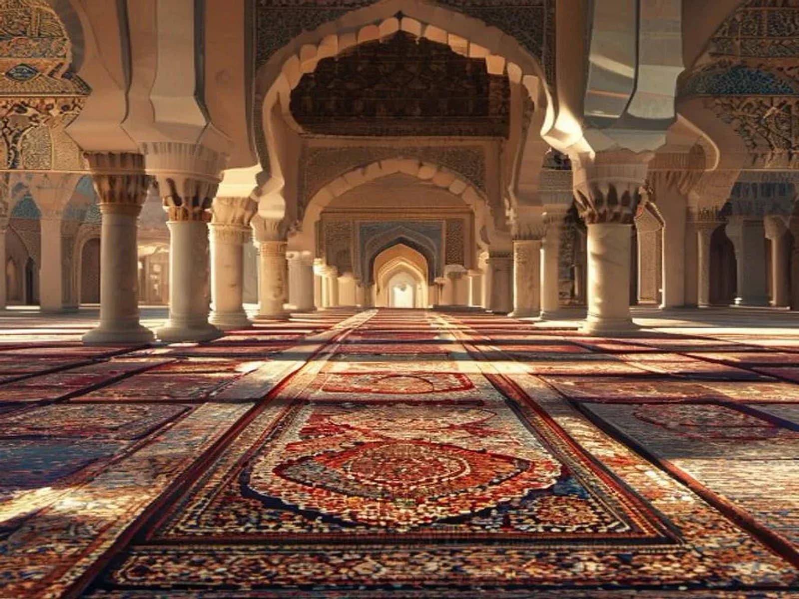 صفوف من سجادات الصلاة التقليدية بنقشة المحراب مفروشة في مسجد للصلاة الجماعية
