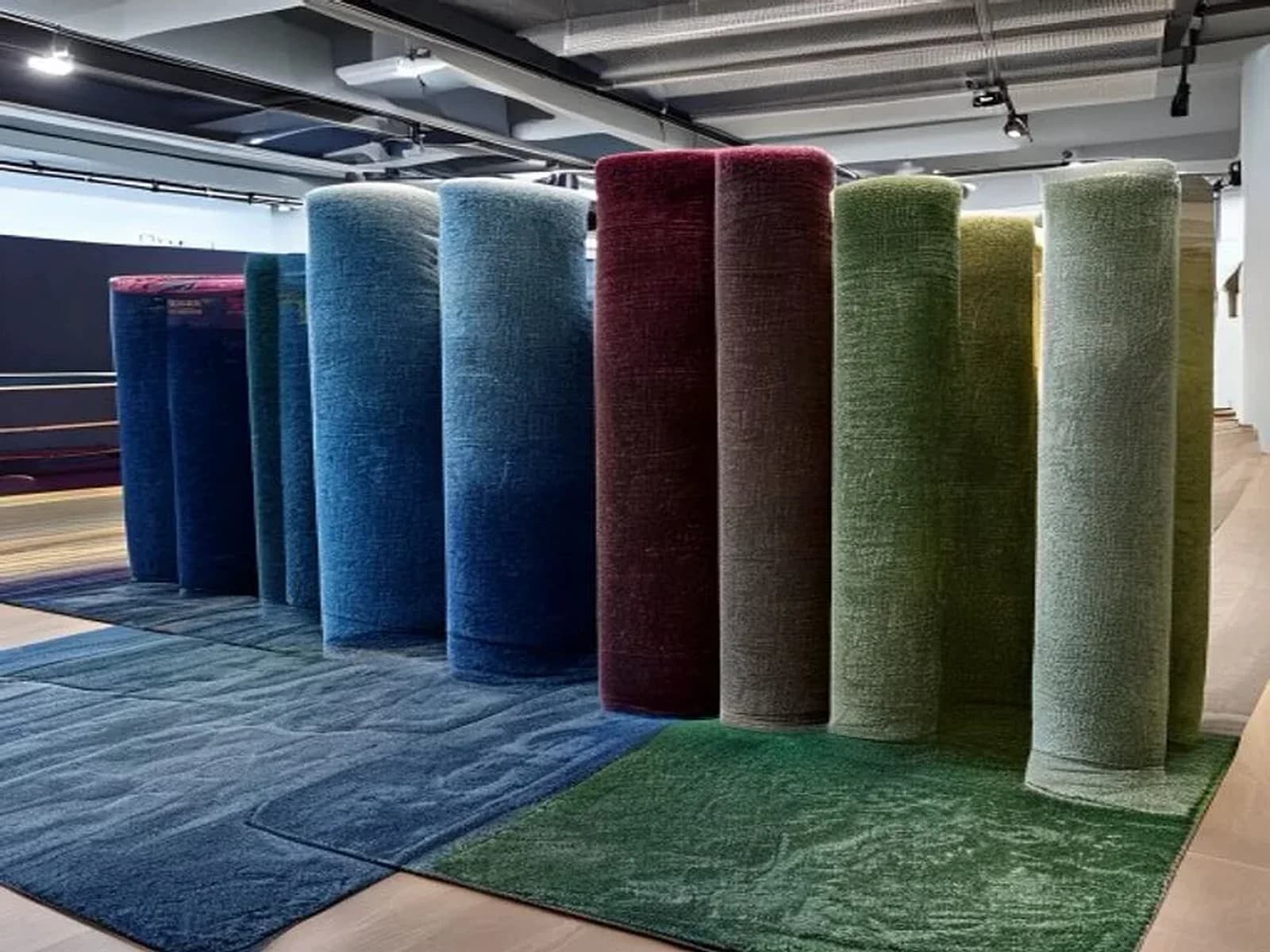 Showroom'da farklı renklerde dizili yurt halısı topları