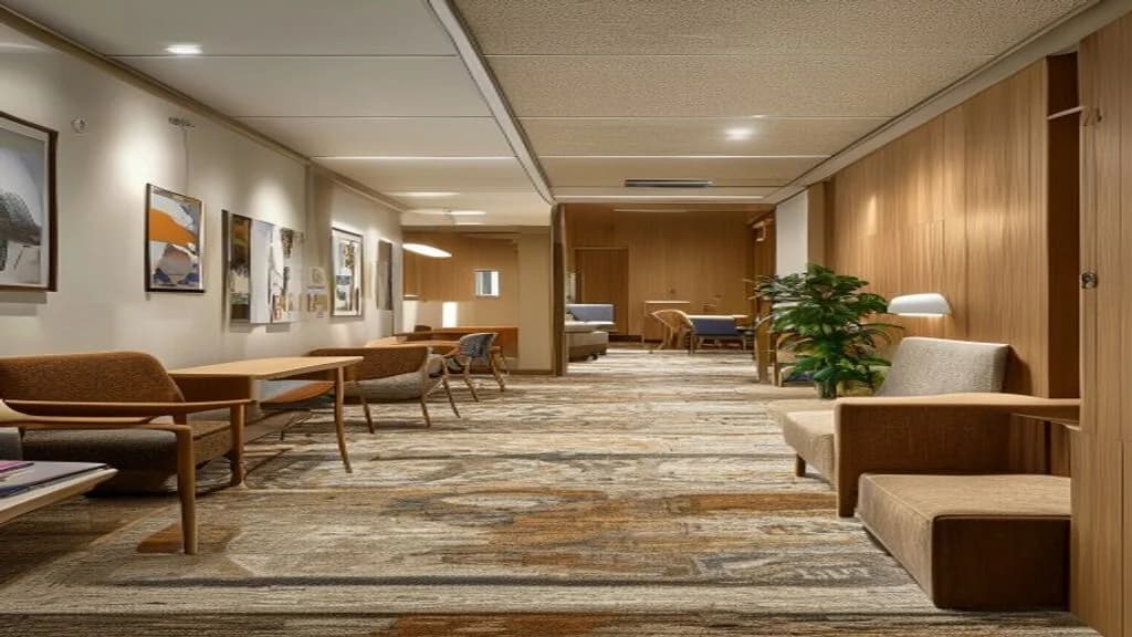 Duvardan duvara dayanıklı yurt halısıyla döşenmiş modern öğrenci yurdu ortak alanı